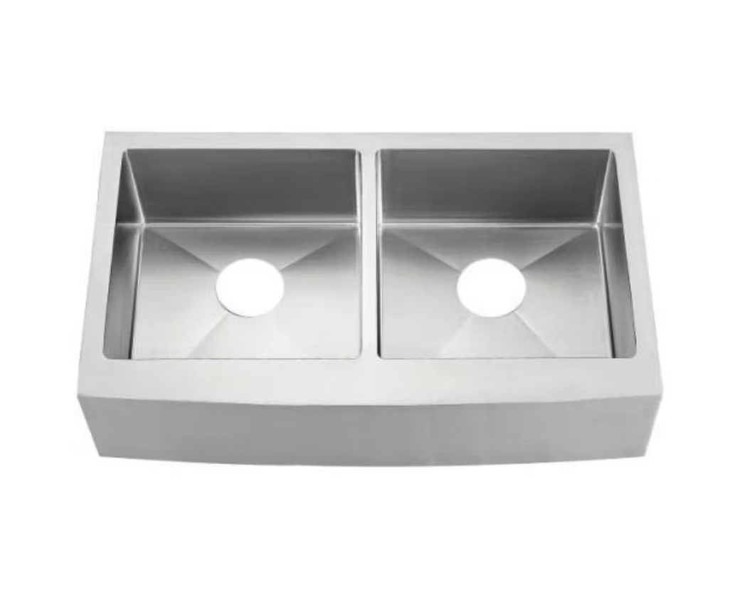 PROHS Round Front 50/50 Double Bowl Farmhouse Apron Handmade Kitchen Sink