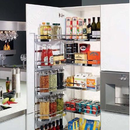 Open kitchen pantry with various food items and drinks