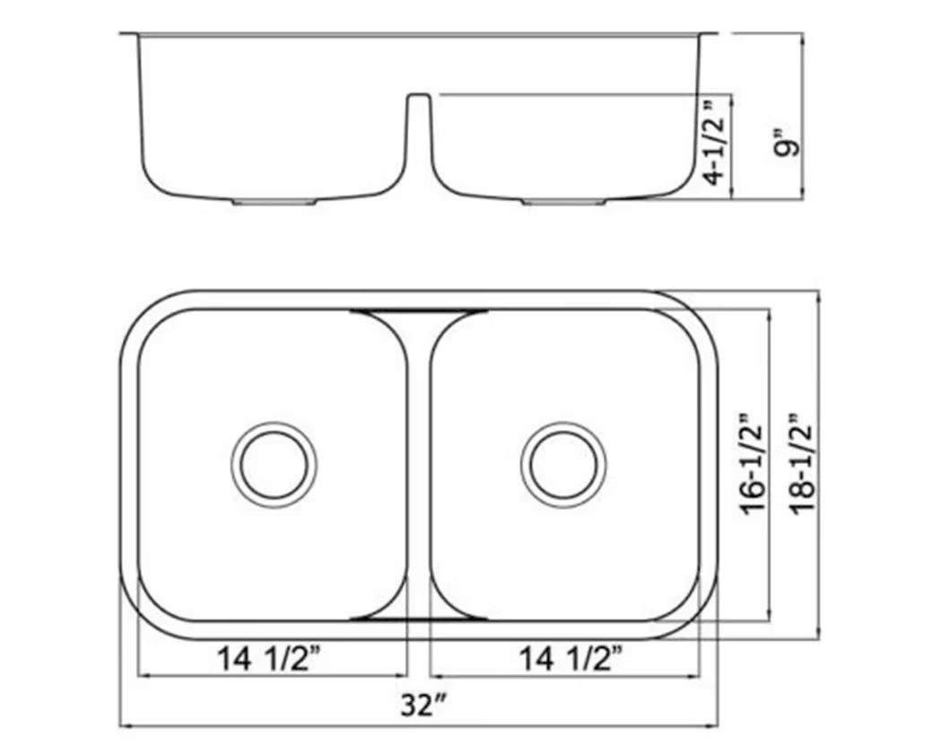 PROHS 50/50 Low Divide Equal Double Bowl Stainless Steel Undermount Kitchen Sink