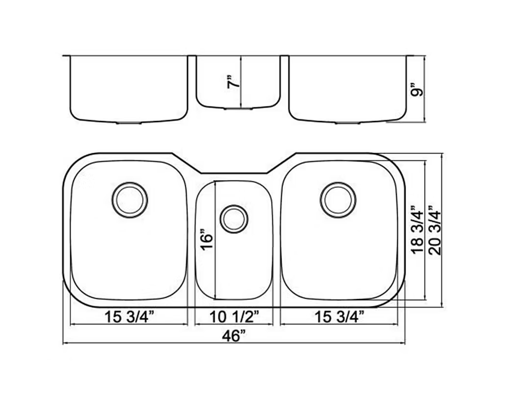 PROHS 40/20/40 Triple Bowl Stainless Steel Undermount Kitchen Sink