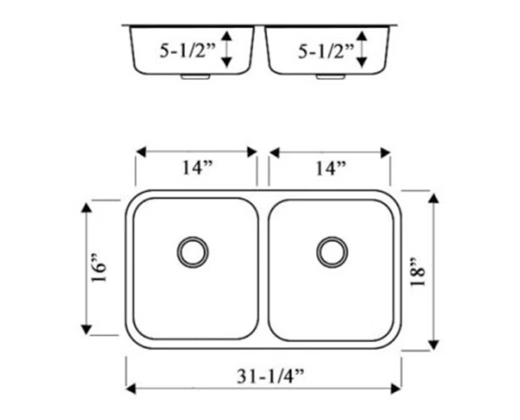 PROHS 50/50 Short Equal Double Bowl Stainless Steel Undermount Kitchen Sink